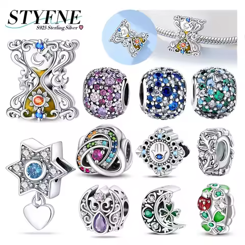 Fashion 925 Silver Colorful Zircon Beaded Funnel Moon Six Pointed Star Charms Fit Bracelet Diy Origi