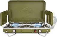 Hike Crew Gas Camping Stove | 20,000 BTU Portable Propane 2 Burner Stovetop | Integrated Igniter &amp; Stainless Steel Drip Tray | Built-in Carrying Handle, Foldable Legs, Wind Panels | Includes Regulator