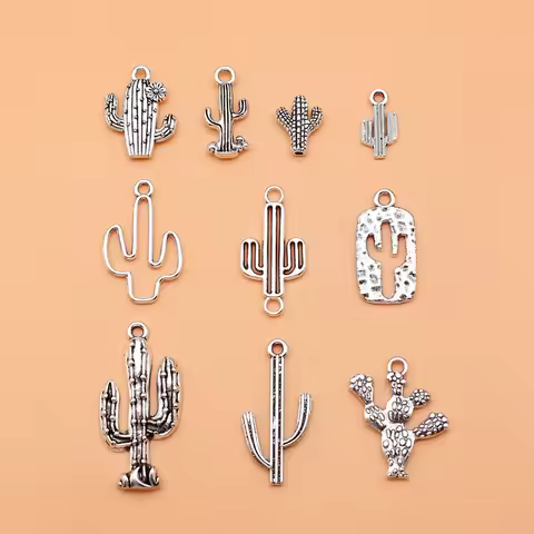 10pcs Antique Silver Color Cactus Charms Collection For DIY Jewelry Making, 10 Styles, 1 of Each