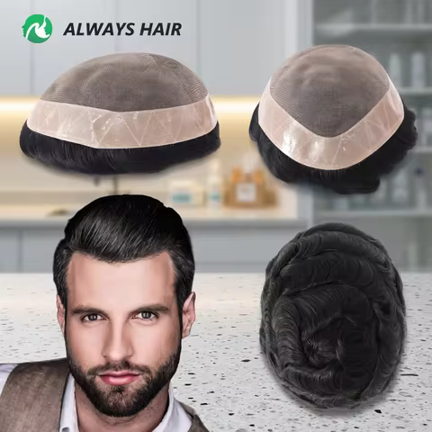 Alwayshair Fine Mono Men Short Toupee 5” Indian Hair Men’s Capillary Prosthesis Monofilament 120 130