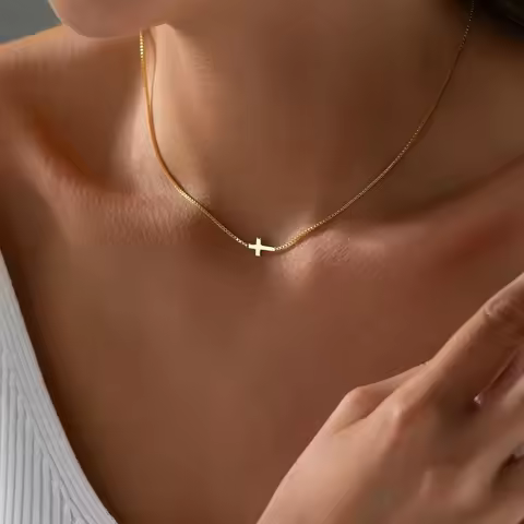 Cross Necklace for Women 14K Gold Plated Small Cross Pendant Choker Simple Trendy Charm Chain Neckla