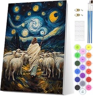 Jesus Paint by Numbers Adults, Lamb Stars DIY Hand Painted Oil Painting Kit with Frame, Paint by Num
