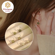 Viviann Original Design Acquire Silver Color Green Jade Round Earrings for Female Girl Everyday Wear