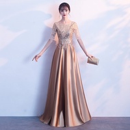 Champagne Sequined Banquet Evening Dress Round Neck Satin Event Dresses Annual Dinner Long Formal Go