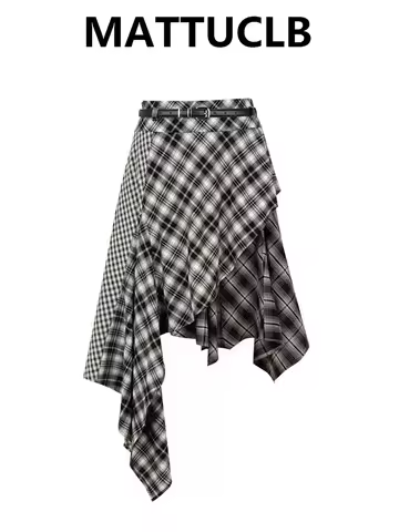 Autumn Winter Women Vintage Plaid 2000s Midi Skirt Asemetrical Korean Fashion Harajuku Japanese A-li