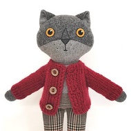 Gray cat boy, kitten wool plush toy, handmade stuffed doll