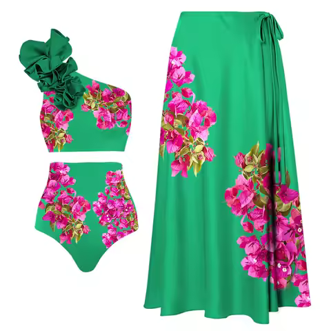 2024 Rose Pink Bougainvillea Flower Printed Bikini Set Swimsuit and Skirt Swimwear Women Flaxmaker C