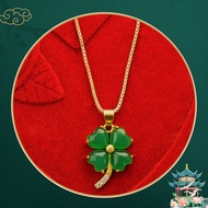 24K Vietnam Sand Gold Hetian Jade Inlaid Four-leaf Clover Green Jade Pendant For Women Jewellery Acc