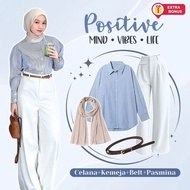 KEMEJA One Set 4in1 Striped Shirt Oro Pants Knit Belt Hijab Pashmina Ceruty | Outfit for women, girl
