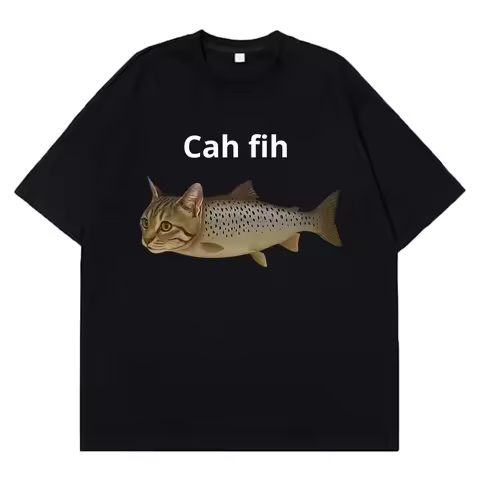 Cah Fih T-Shirt Fih Funny Mispelled Fish Meme T Shirt Cat and Fish Graphic Humor Tshirt Casual Short