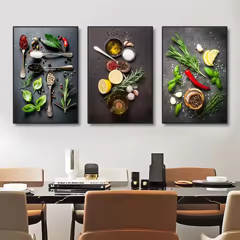 3pcs Kitchen Theme Mix Herb And Spices Canvas Art Poster Impressionist Art Decor Painting For Dinnin