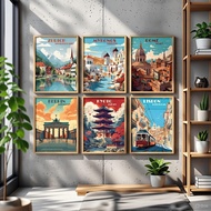 Vintage European City Poster Wall Decoration Set - Aesthetic Travel Wall Art Berlin Kyoto RomeMYKONO