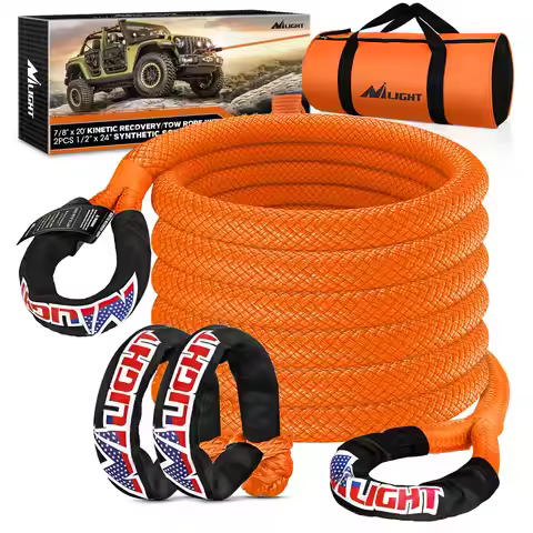 Nilight Kinetic Recovery Tow Rope 7/8" x 20ft (28,600LBS) with 2 Soft Shackle 1/2" x 24" Snatch Stra