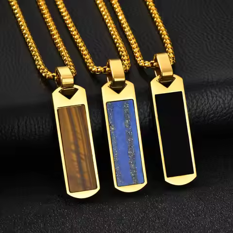 Vnox Vertical Bar Necklaces for Men Boys, Stainless Steel Rectangle Pendant, Gold Color Box Chain Tr
