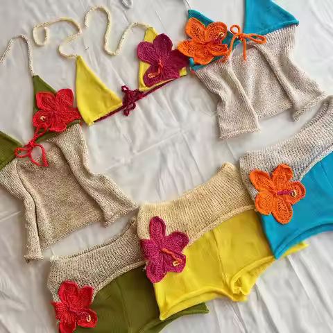 Crochet Knit Beach 2 Piece Set Women Swimsuit Applique Y2K Chic Bra Tops and Lapel Shorts Vacation M