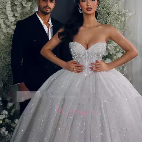 Peals Beaded Sweetheart Sequins Classic Design Sweep Train Elegant Wedding Bride Dress Shimmering Cu