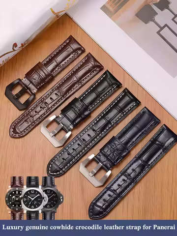 Luxury genuine cowhide crocodile leather watch strap for Panerai calfskin watchband brushed stainles