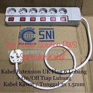 UK Plug to EU Extension Cable 6 Holes + On Off Each Hole 3x1.5mm/