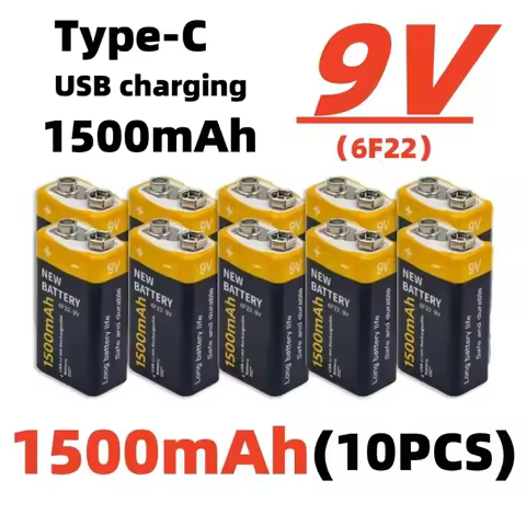 6F22 9V USB rechargeable battery, 1500mAh Type-C rechargeable lithium-ion battery, 9V suitable for m