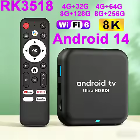 Smart TV Box Android 14 Q18 RK3518 2.4G&5G Dual Wifi6 BT5.4 HDR10+ Voice Remote Media Player 32GB 64