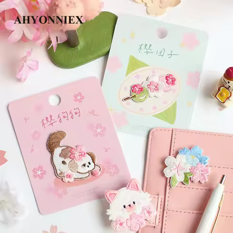AHYONNIEX New Cherry Flower Embroidery Patches for Bag Jeans Dog Cat Iron On Patches for Clothes Sma