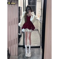 Christmas New Year's Shirt lolita lolita lolita Furry Coat+Red Velvet One-Shoulder Dress Three Sets