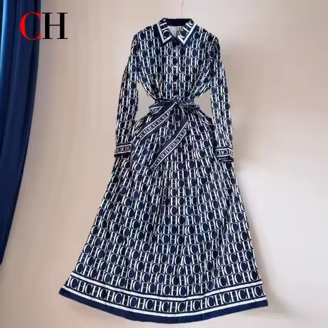 CH Womens CHCH Letter Print Shirt Dress Long Sleeve Belted Waist Maxi Dress Button Down Casual Elega