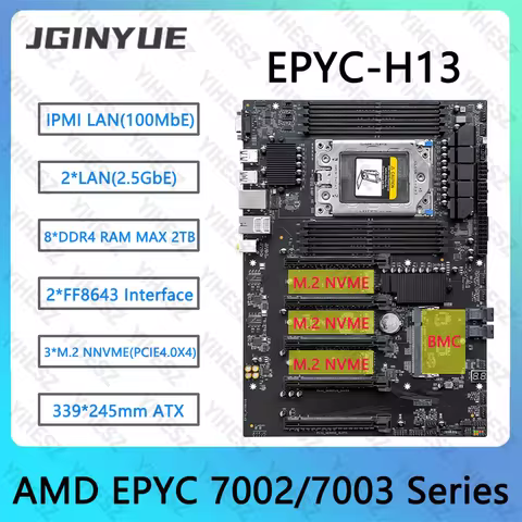JGINYUE EPYC H13 AMD Motherboard With BMC Module Support AMD EPYC 7002/7003 Series CPU 8*DDR4 2TB Me