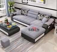 sofa ruang keluarga modern model terbaru dilengkapi meja kaca dan 2 kursi kecil