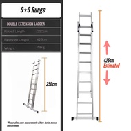 9 Feet 18 Steps Double Extension Telescopic Ladder Heavy Duty Foldable Aluminium Ladder 2Section 2.5