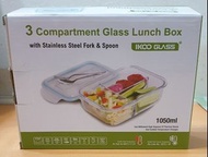 分隔玻璃食物盒(1050ml/含不銹鋼叉+匙)焗爐/微波爐適用(可承受-20℃~600℃)