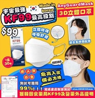 韓國🇰🇷AnyGuard KF99四層過濾3D立體防護口罩(一盒30片)