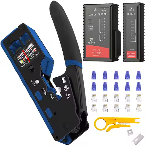 RJ45 RJ11 Crimp Tool Kit Pass Through Cat6 Crimping Tool For Cat5 Cat5e Cat6 8P6P Connector, All-in-