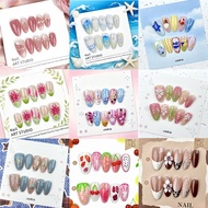 30pcs Summer Short Almond Cat Eye Press On Nails Fresh Fruit Seashell Ice Flower Ins Style Reusable 