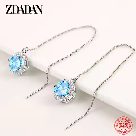 ZDADAN 2023 New 925 Sterling Silver Ball Blue Crystal Long Chain Drop Earrings For Women Fashion Jew