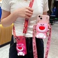 New Cartoon Pink Rose Strawberry Bear Zipper Wallet Mobile Phone Case for Vivo Y17s Y78 5g V29 Lite Y27 Y36 V27e V27 V27pro Y02 4g Y02a Y11 4g 2023 V25 V25e Y775g with Lanyard