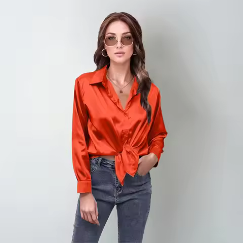 Spring Satin Shirt Women Loose Button Up Red Blouse Shirt Ladies Imitation Silk Long Sleeve Shirt Fo