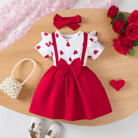 0-3 Year Baby girl Dress Round neck Heart-shaped Printed Bow, Princess Dress+Headband Toddler Baby g