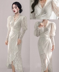1202 ส่งจากไทย ส่งไว ทันใจ  เดรสยาวเนื้อผ้าดี ลูกไม้ทั้งตัว ชายกระโปรงแต่งระบาย ชุดไปทะเล ชุดงานแต่ง
