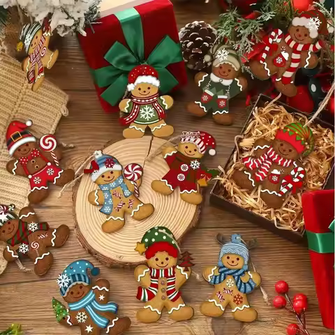 24/12 pcs Christmas Gingerbread Man Hanging Ornaments-Classic Wooden Holiday Decoration for Trees, R