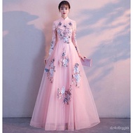 【Malay Spot】XS~2XL Pink Lace Long Sleeve Muslimah Cheongsam Floral Wedding Dinner Prom Jubah Zip Maxi Long Dress#8