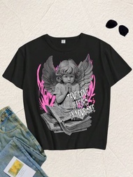 夏季適用Tween女孩天使和字母印花短袖休閒T恤，圓領設計