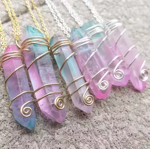 Pastel Goth Aura Quartz Crystal Choker Necklace - Wire Wrapped Pendant - Cotton Candy Pink and Blue 