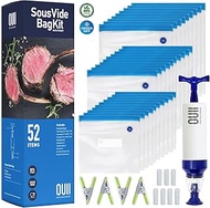 OUII Sous Vide Bags for Joule and Anova Cooker - 52 Pieces Kit with Vacuum Sealer Bags, Hand Pump, C