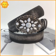 VASTJI Vintage White Stone Bule Belt Engraved Flower Belt Embossed Leather Belt Boho Western Belt Je