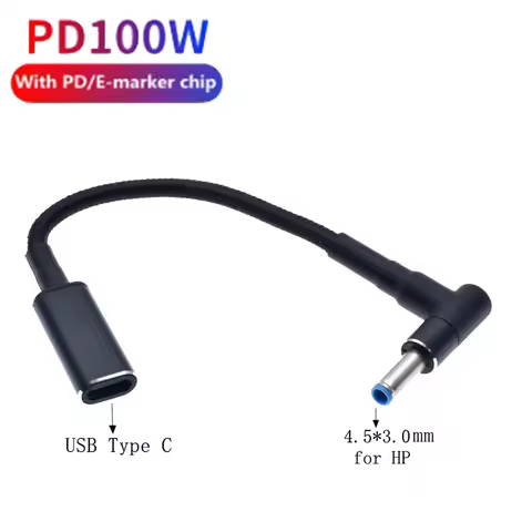 Type C to 4.5x3.0mm Plug Converter 100W USB C PD Fast Charging Cable for HP / Dell Laptop Charger DC