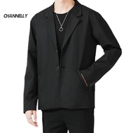 channelly Men Blazer Single-breasted Solid Color Summer Lapel Pockets Jacket for Daily Wear