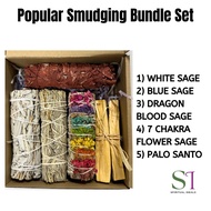 SI Popular Smudging Stick Bundle Set White Sage, Palo Santo, Blue Sage, Dragon Blood, 7 Chakra Flowe