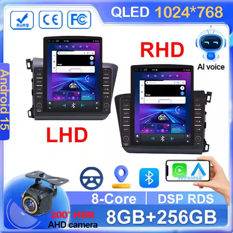 9.7" inch Screen Android 15 For Honda Civic 9 FB FK FD LHD 2011-2015 Multimedia Player Carplay GPS N