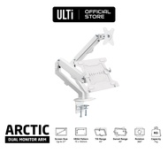 ULTi Arctic Dual Monitor Mount with Laptop Tray, Pneumatic Spring Arm, Clamp-on Desk Mount Stand for 27" Screen - White